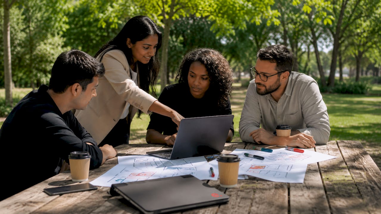 Offshore software team collaborating around table