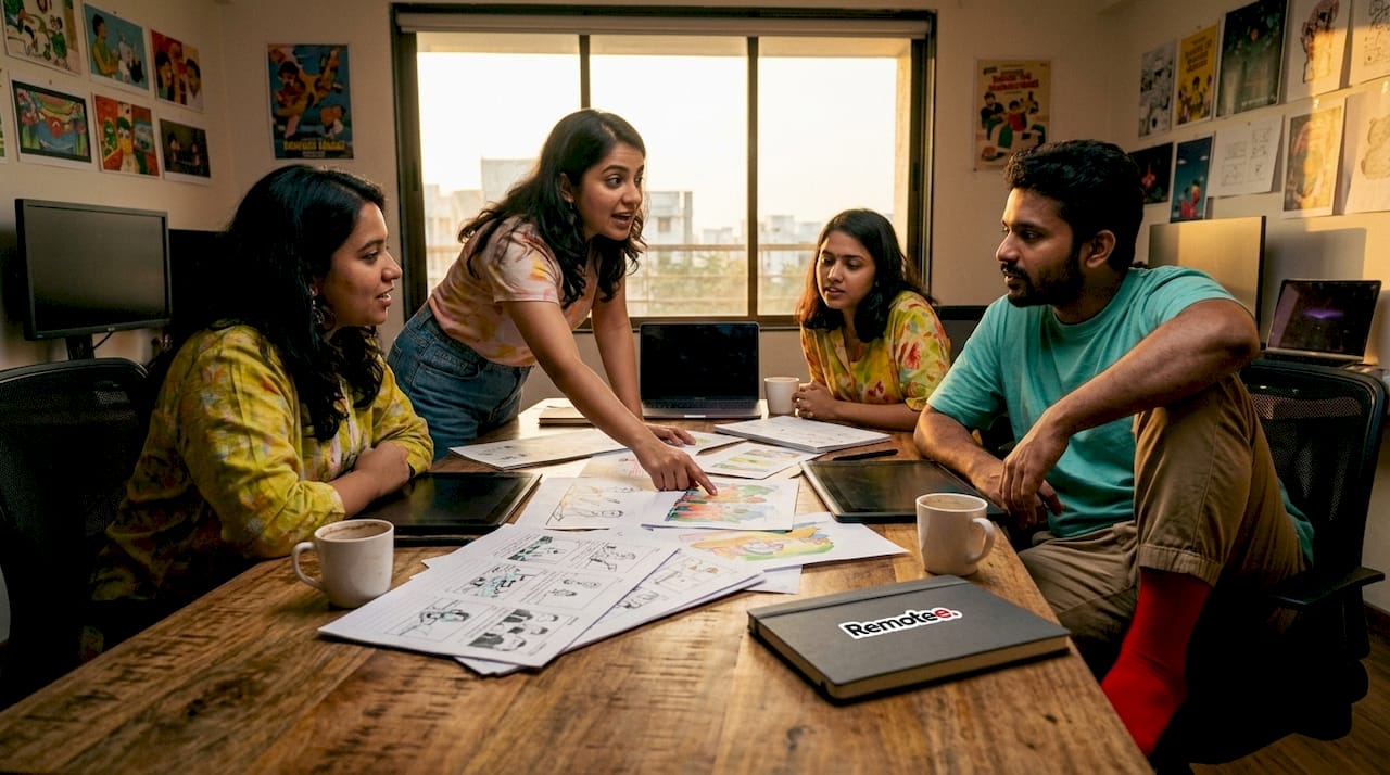 Why Hire Indian Animators: The 2026 Business Guide 2 Indian animators collaborating over storyboard