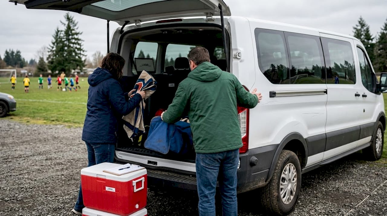 Team loading gear into a rental van