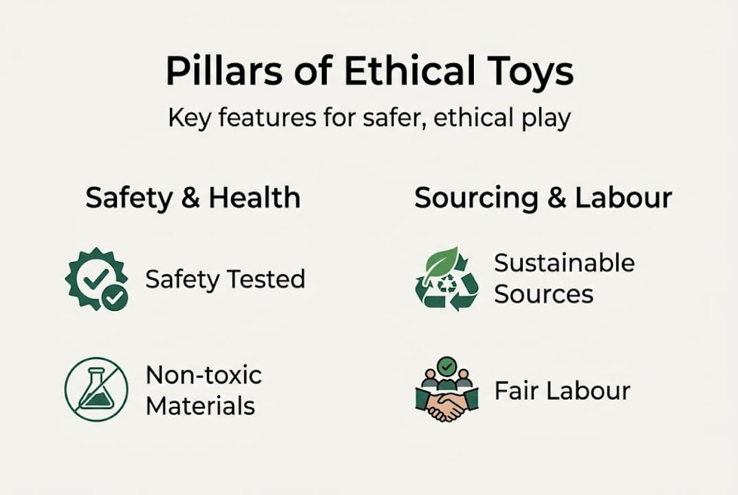 Infographic summarising ethical toy manufacturing pillars