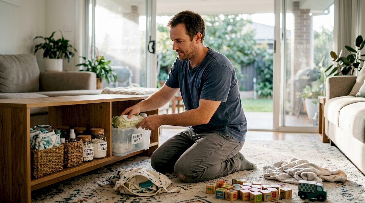 Father sorting baby storage options at shelf