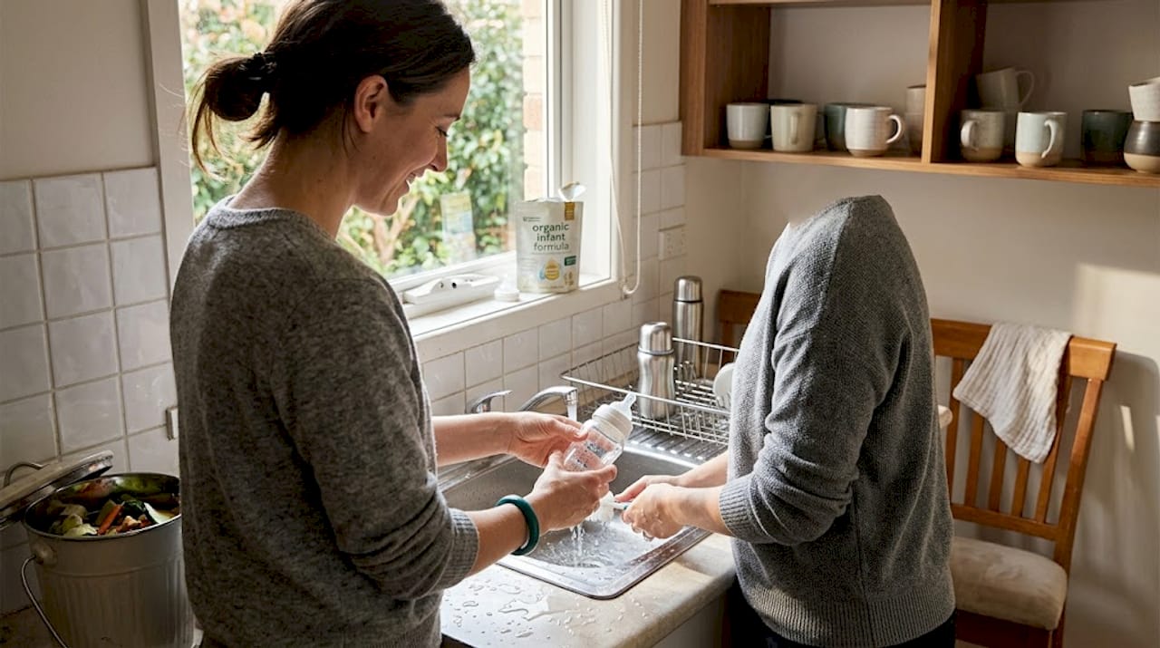 Washing glass baby bottle in kitchen