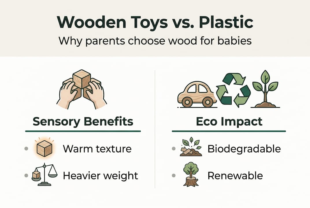 Infographic comparing wooden and plastic toy benefits