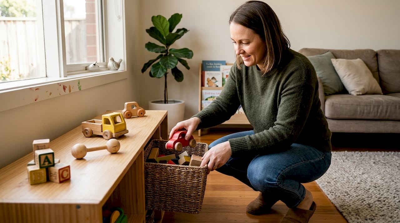 Parent sorting wooden toys into basket