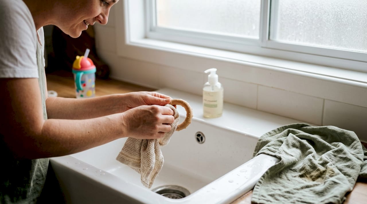 Hands cleaning a natural rubber teether