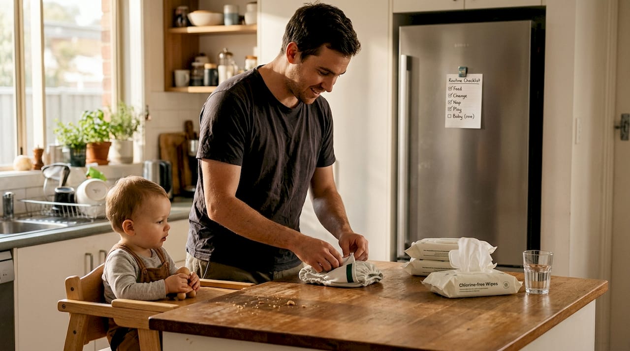 Father folds eco nappies in kitchen