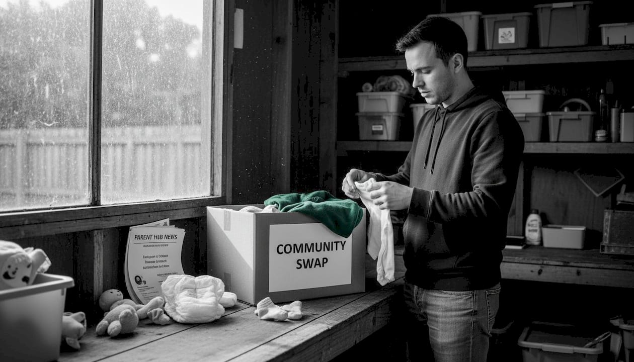 Parent preparing baby item donation in shed
