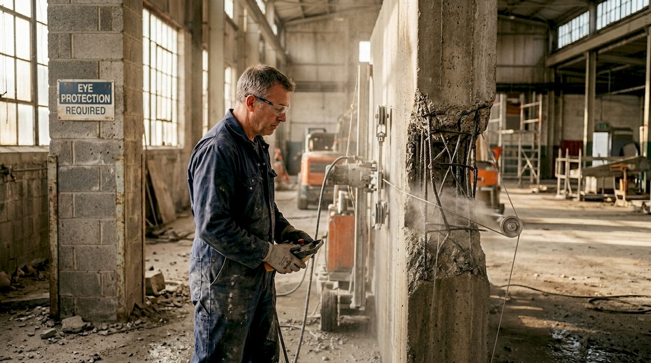 Operator using diamond wire saw on concrete wall