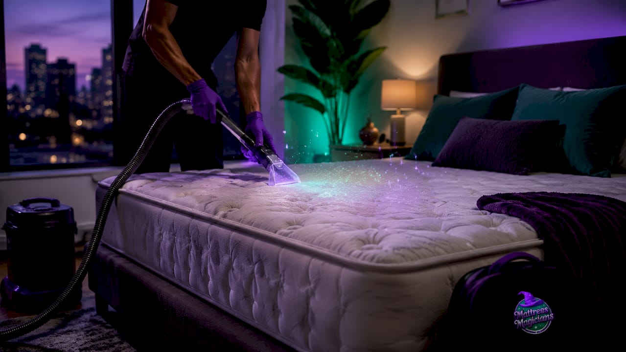HEPA vacuum cleaning mattress in apartment bedroom