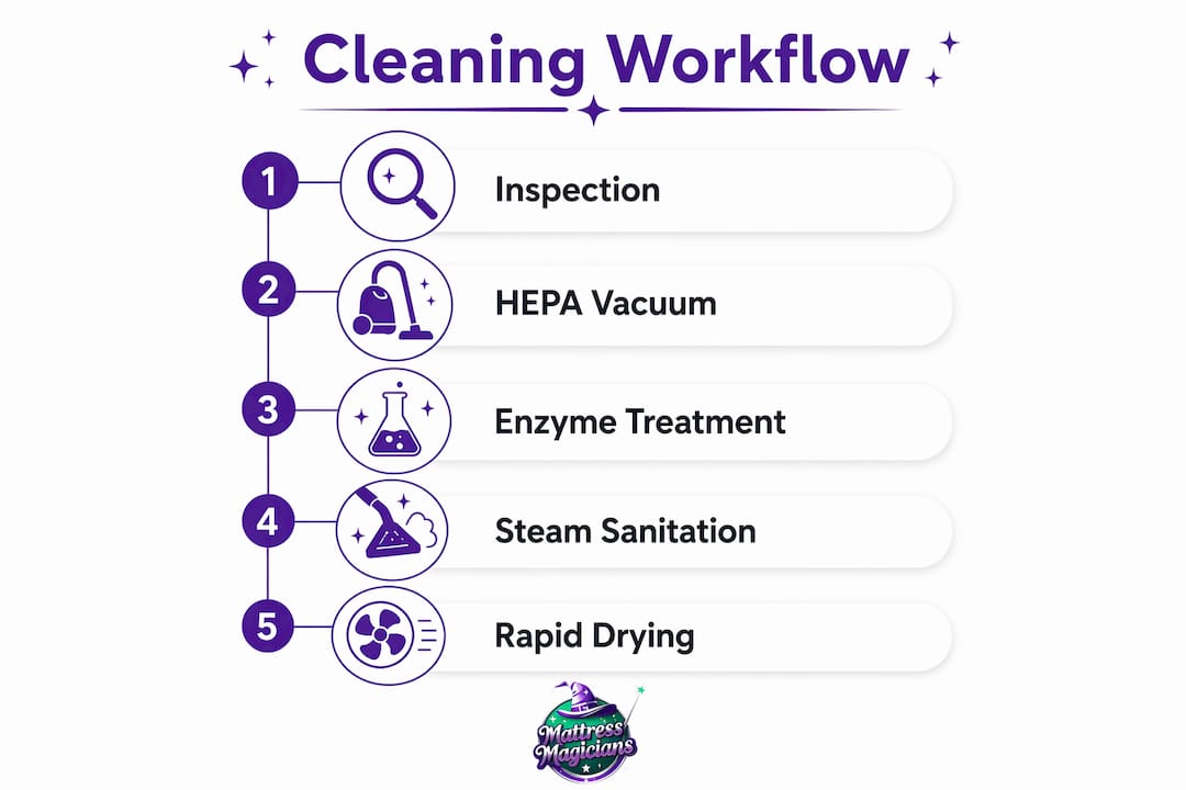Infographic showing five-stage mattress cleaning workflow steps