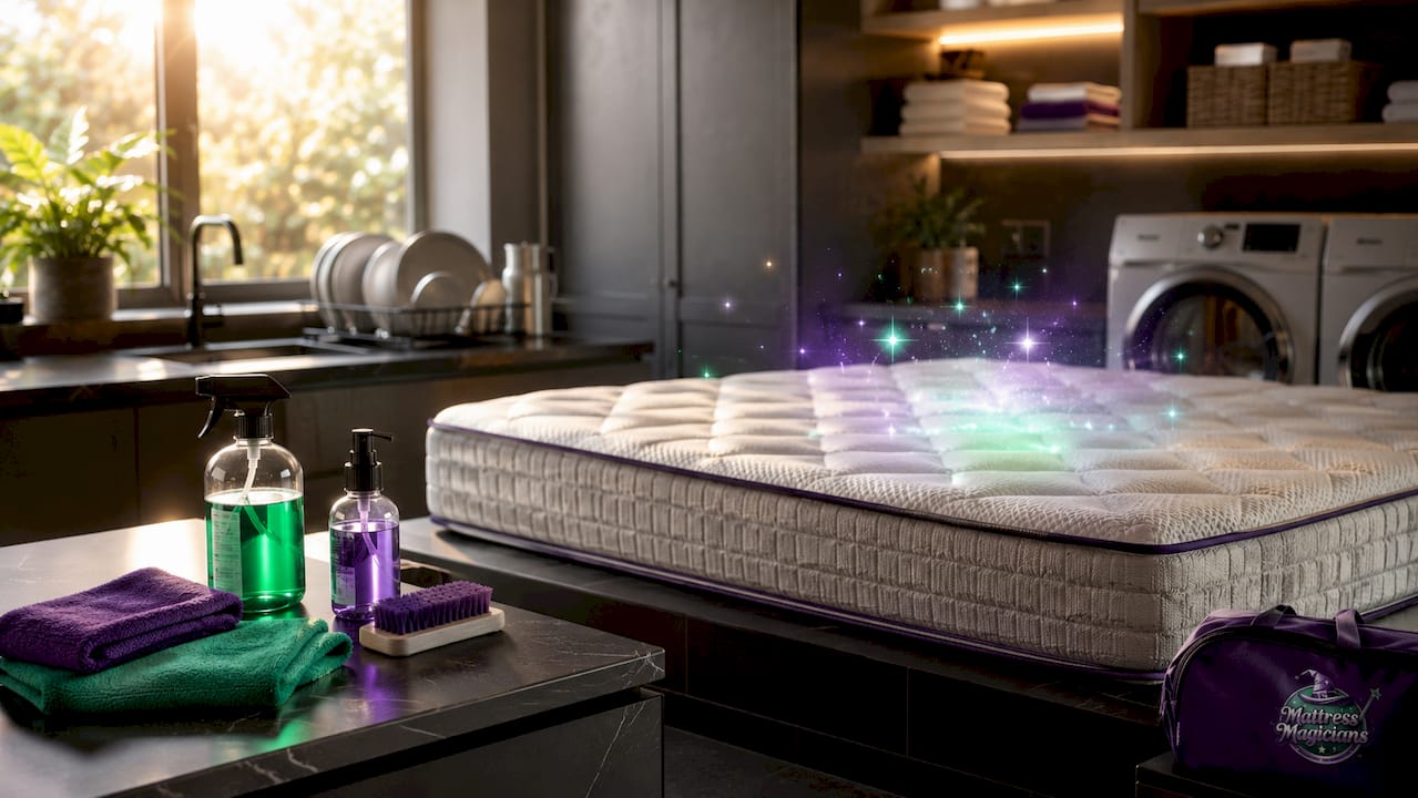 Upscale bedroom with certified cleaning products and glowing mattress