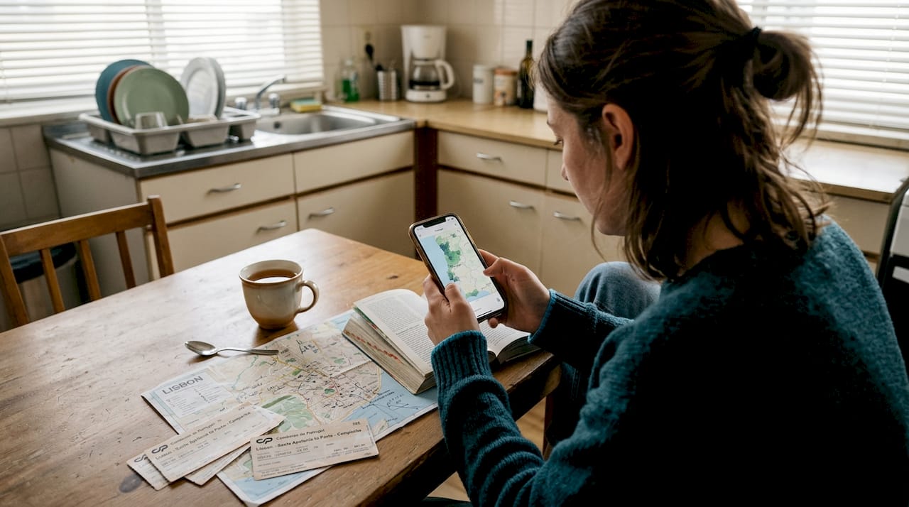 Vrouw die een mobiele dekkingkaart van een land bekijkt aan tafel