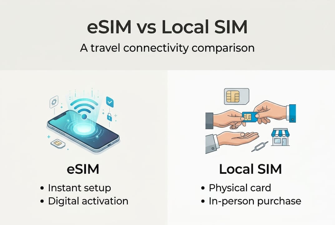 Infographic die de basis van eSIM en lokale SIM vergelijkt