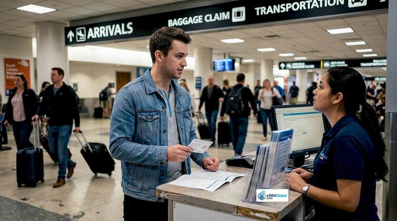 Toerist koopt SIM-kaart bij balie op luchthaven