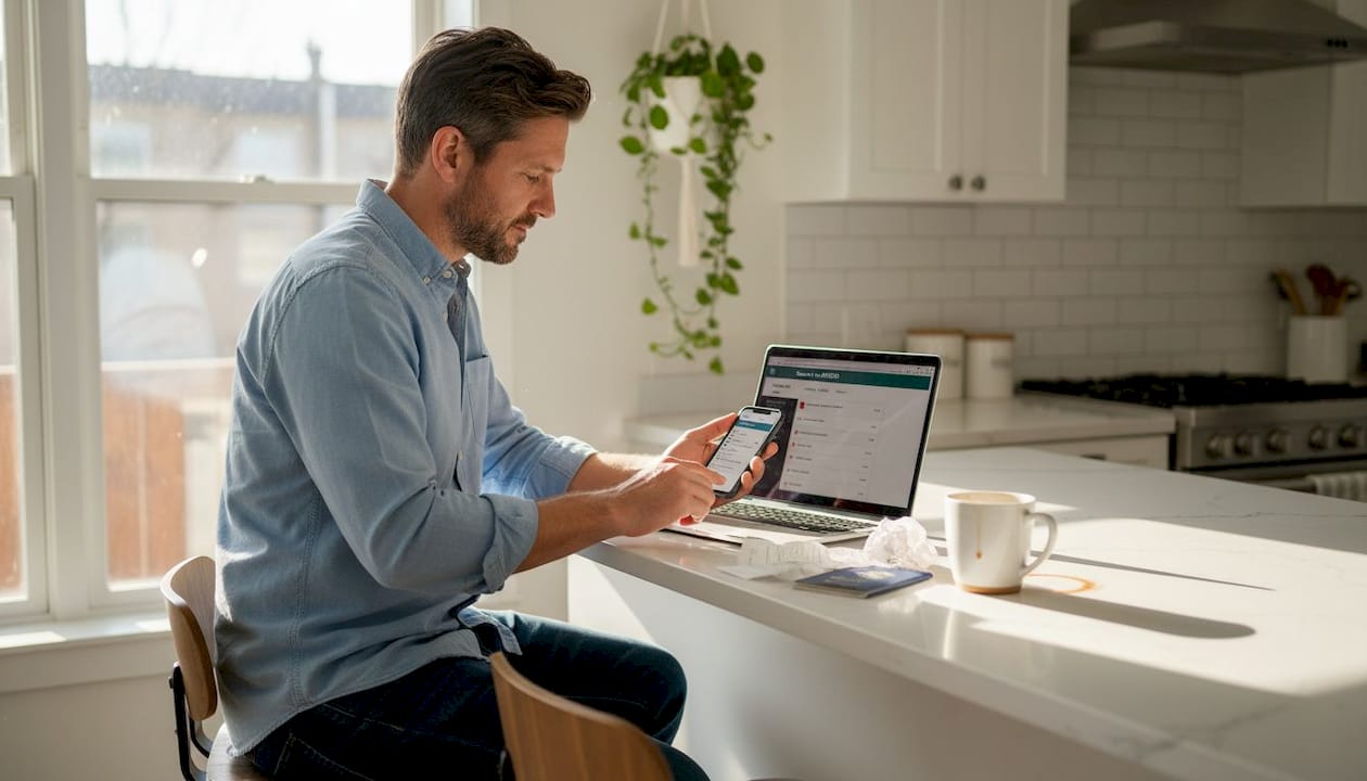 Man uses dual SIM phone at kitchen bar