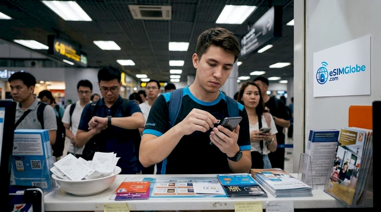 Rejsende venter ved SIM-kort skranke i lufthavnen