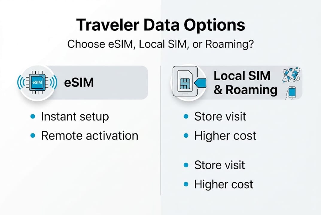 Infografik, der sammenligner eSIM, lokale SIM og roaming
