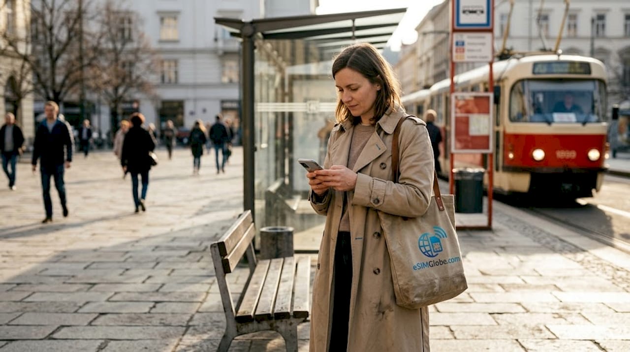 Kvinde tjekker telefonsignal på europæisk plads