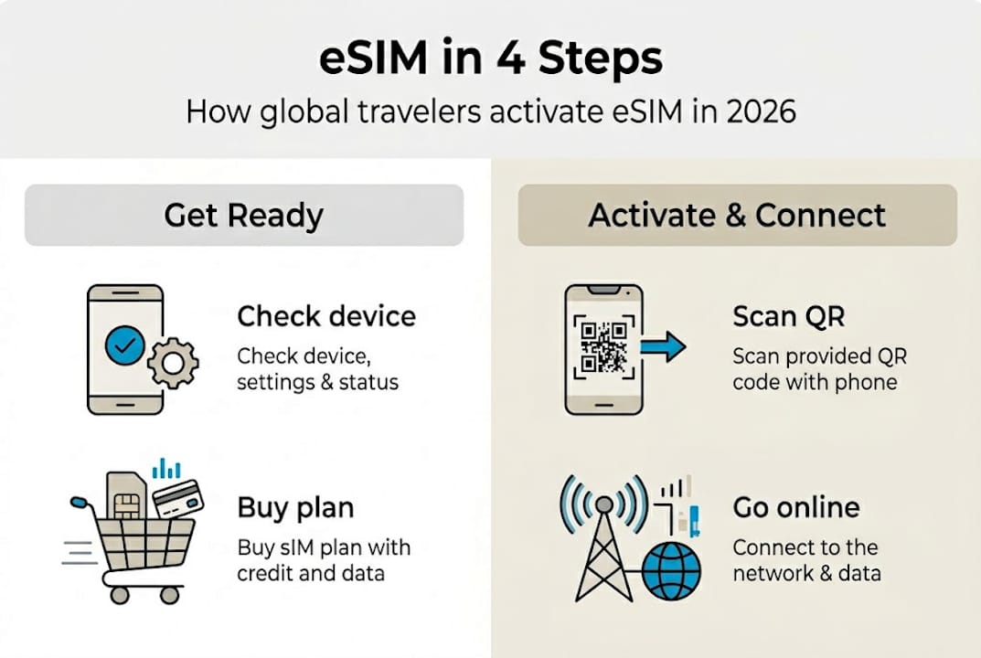 Infografik, der viser fire trin til at aktivere eSIM