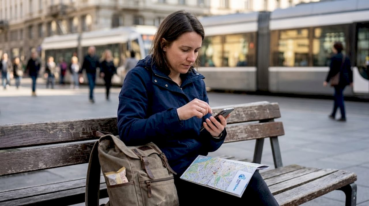 Kvinde udskifter SIM-kort på bybænk