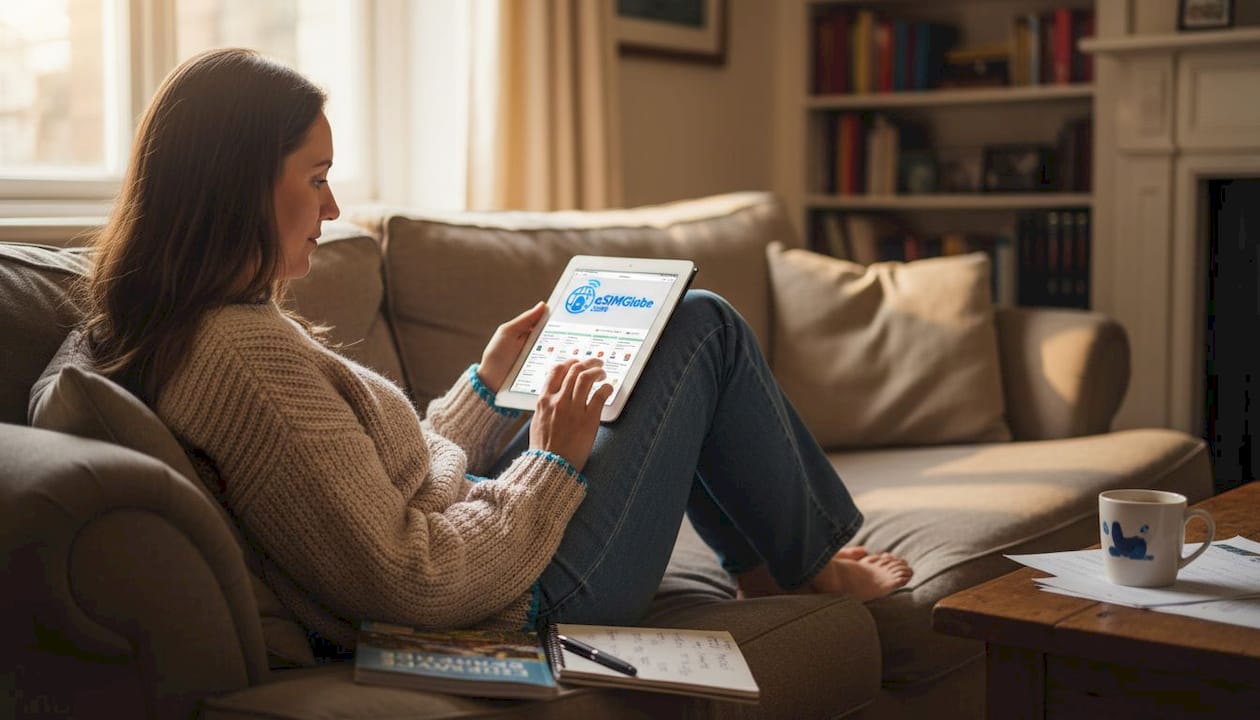Mujer comparando planes de eSIM en una tableta en casa