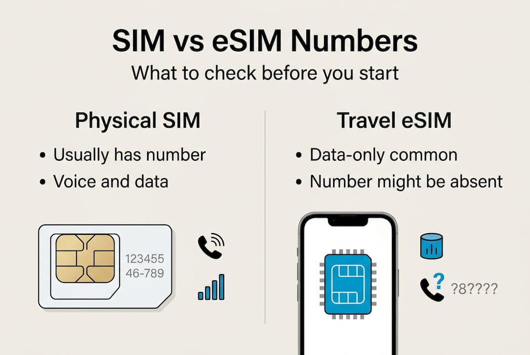 Infografik, der sammenligner SIM- og eSIM-nummerfunktioner