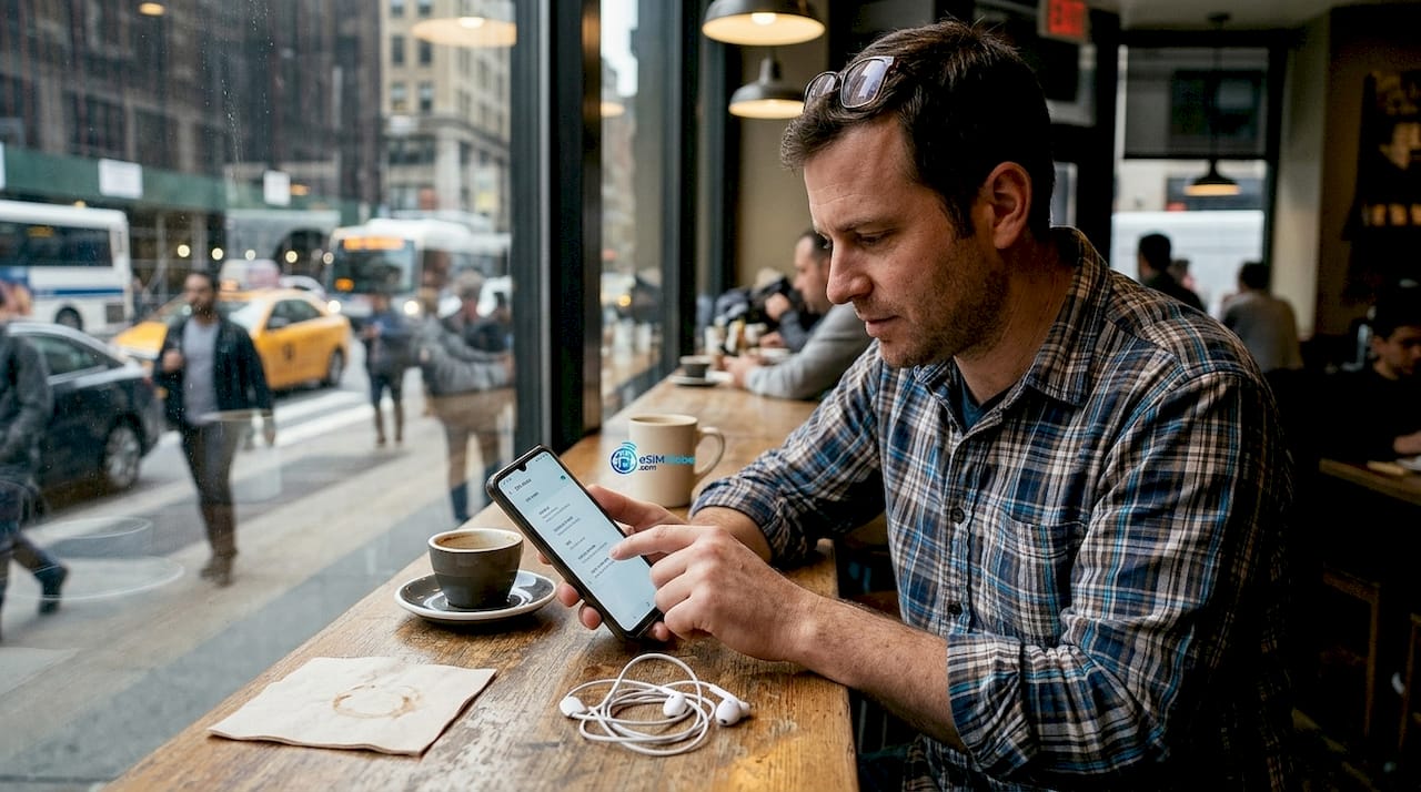 Mand bruger Android SIM-statusmenu i café