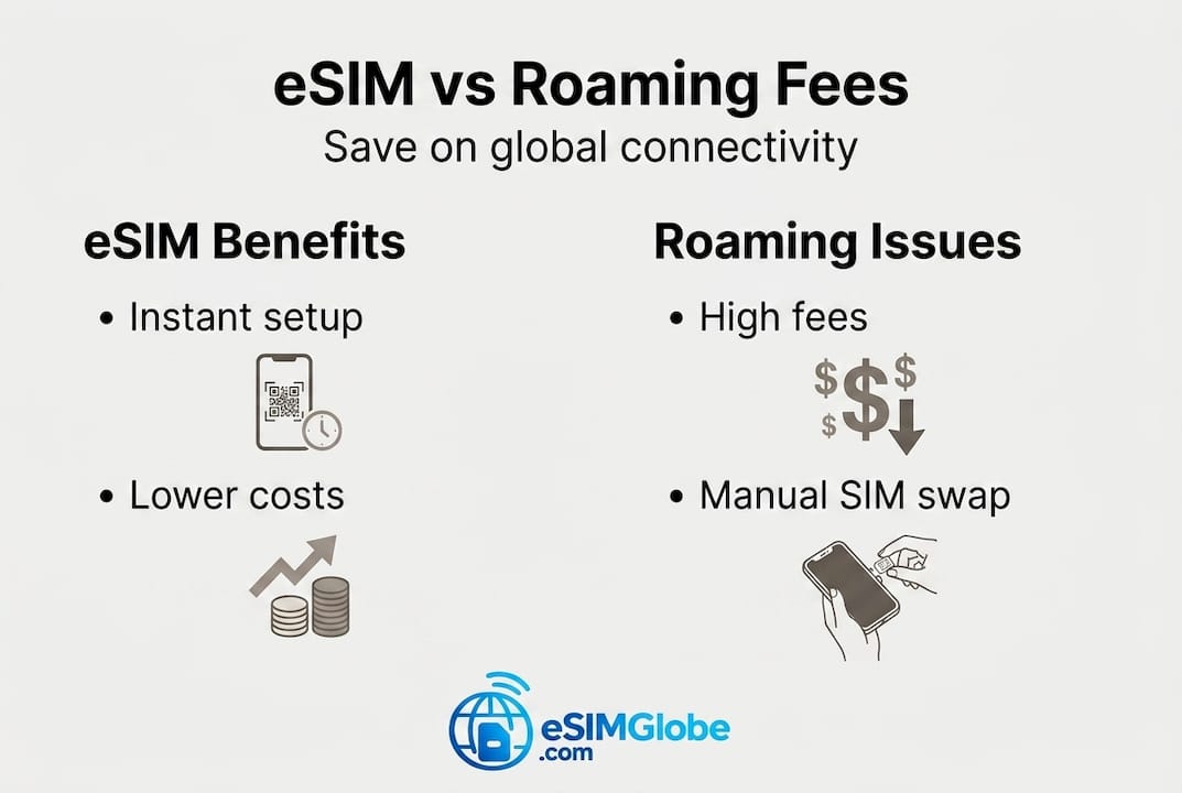 Infographic comparing eSIM benefits to roaming
