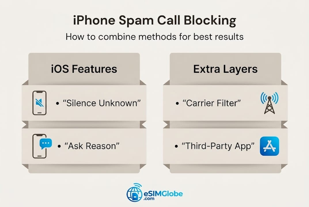 Infografía sobre capas de bloqueo de llamadas de spam en iPhone