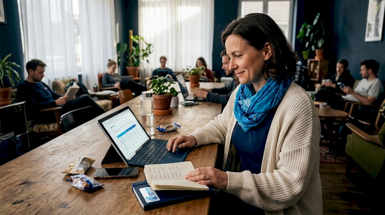 Reiziger die regionale eSIM-plannen bekijkt in een hostel