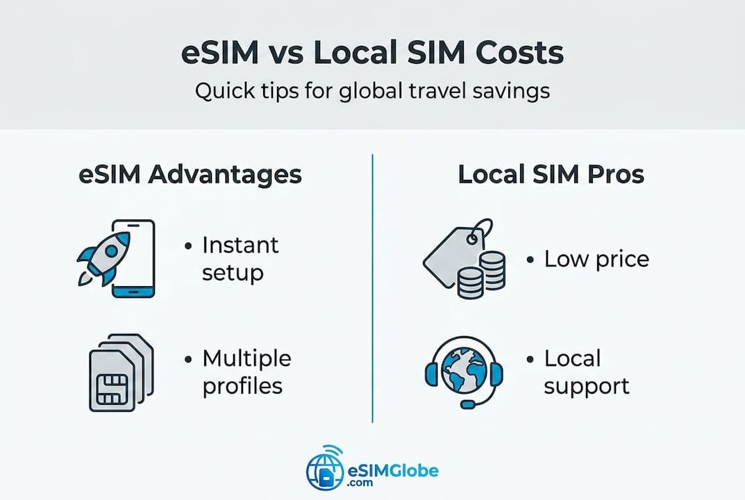 Infographic die de voordelen van eSIM en lokale SIM vergelijkt