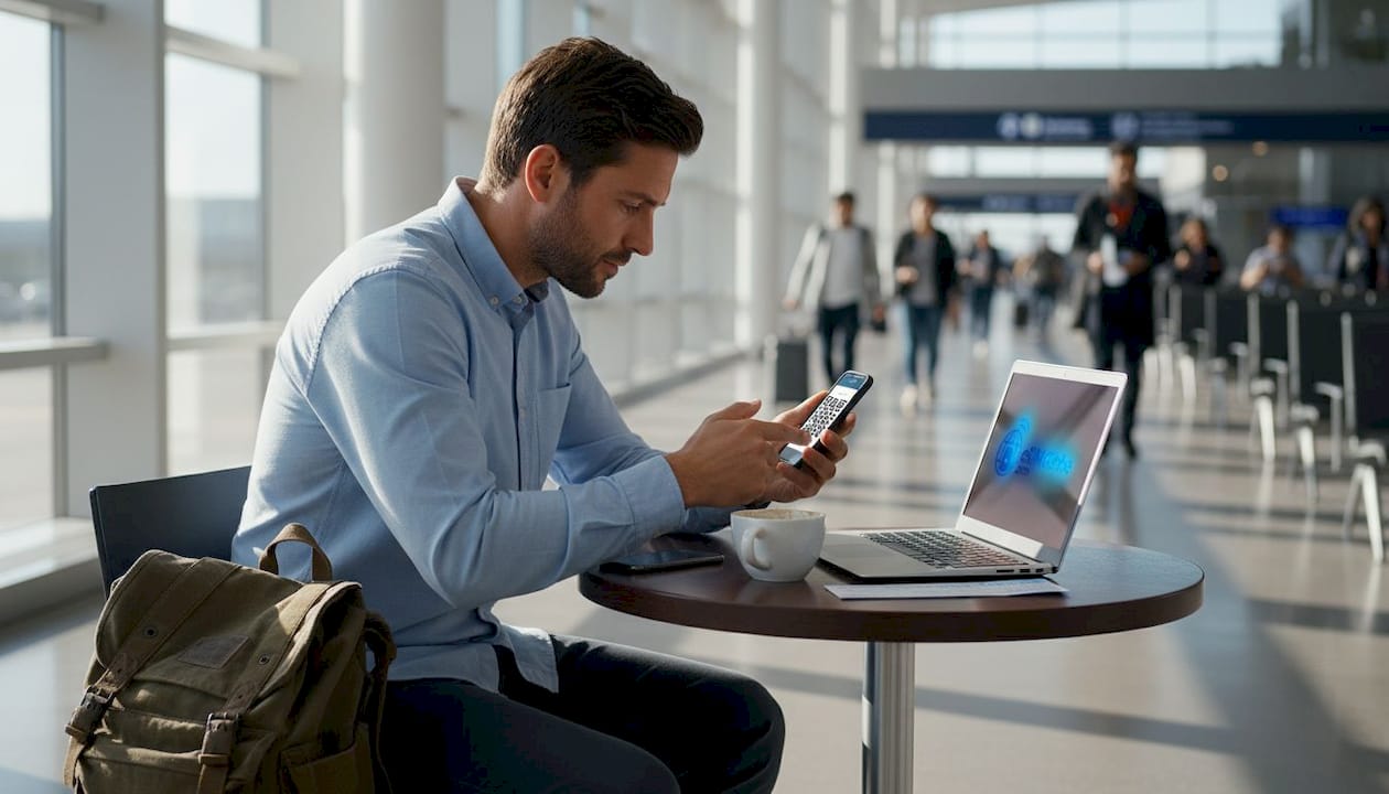 Reiziger activeert eSIM aan een tafeltje in een luchthaven café