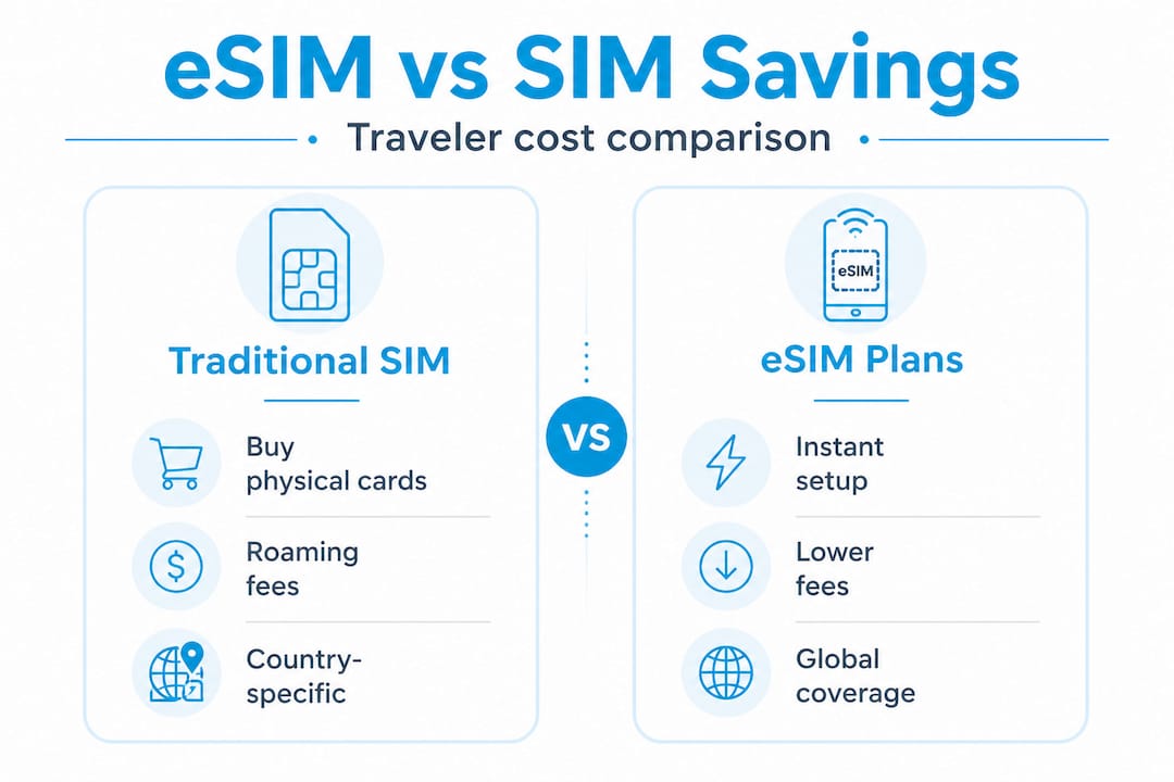 Infographic die de reiskosten van eSIM en simkaart vergelijkt