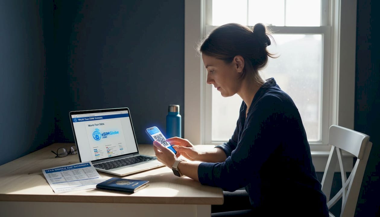 Vrouw stelt eSIM in op smartphone voor vertrek
