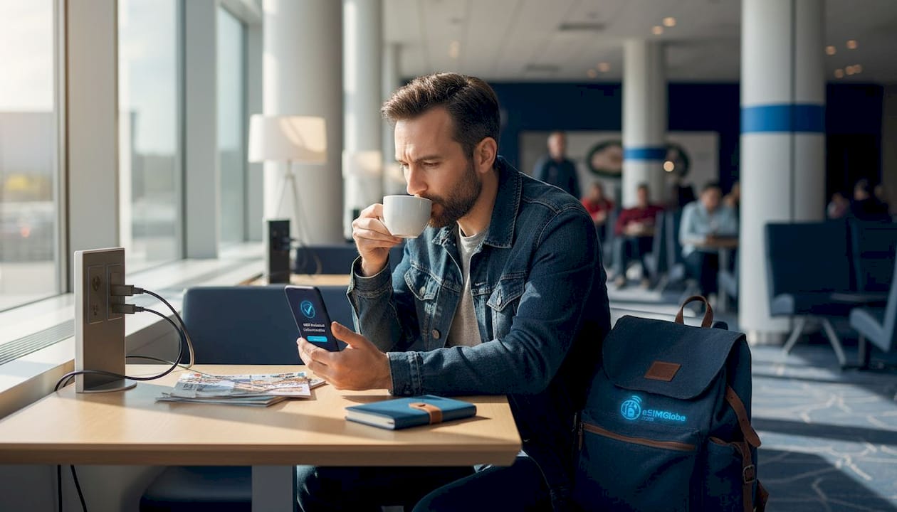 Reiziger op luchthaven activeert eSIM op smartphone
