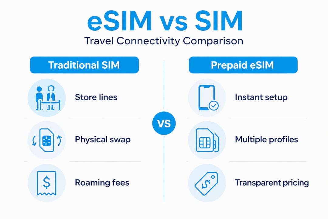 Infographic die prepaid eSIM vergelijkt met traditionele SIM voor reizigers
