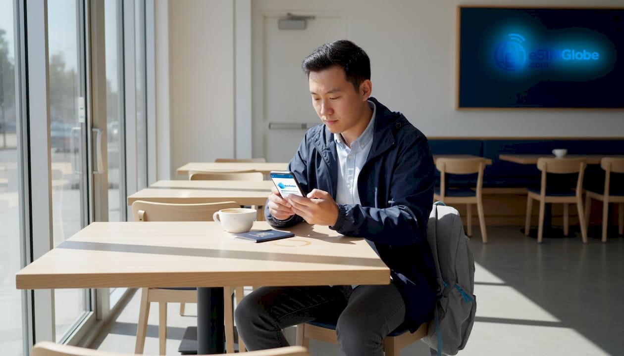 Reiziger activeert eSIM-smartphone in café