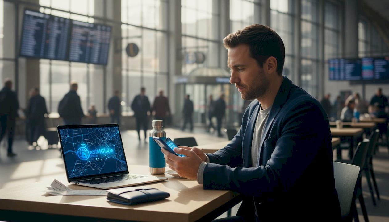 Reiziger controleert telefoon op eSIM- of roaminginstellingen