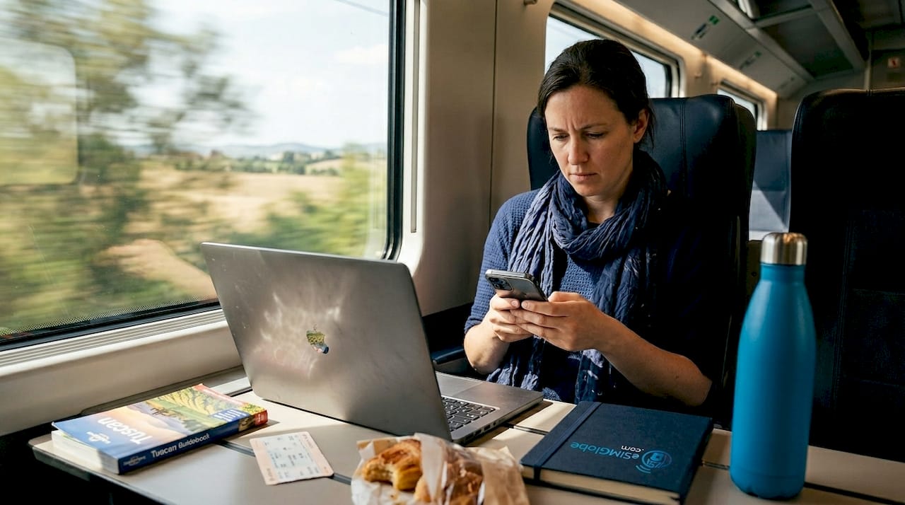 Vrouw die telefoon als hotspot gebruikt in een trein in Italië