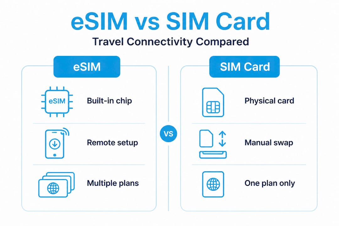 Infographic comparing eSIM and physical SIM for travelers