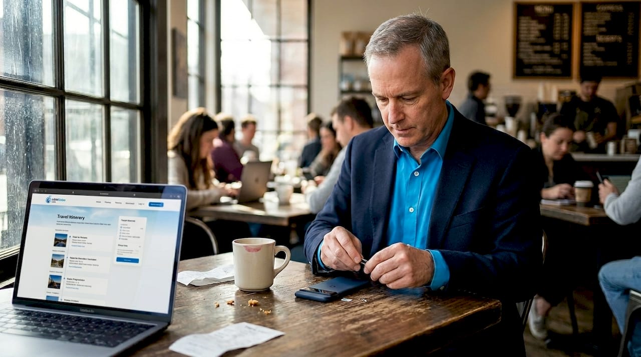 Man swapping SIM card in busy café