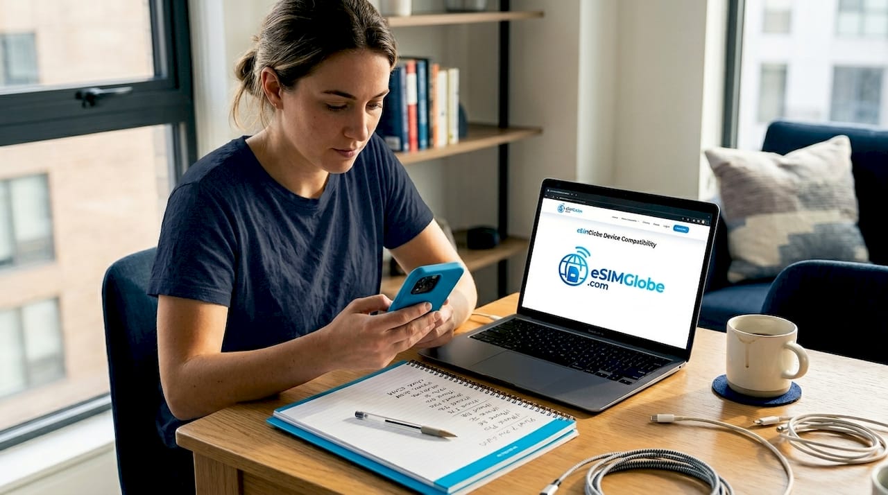 Vrouw controleert thuis de eSIM-compatibiliteit van haar telefoon