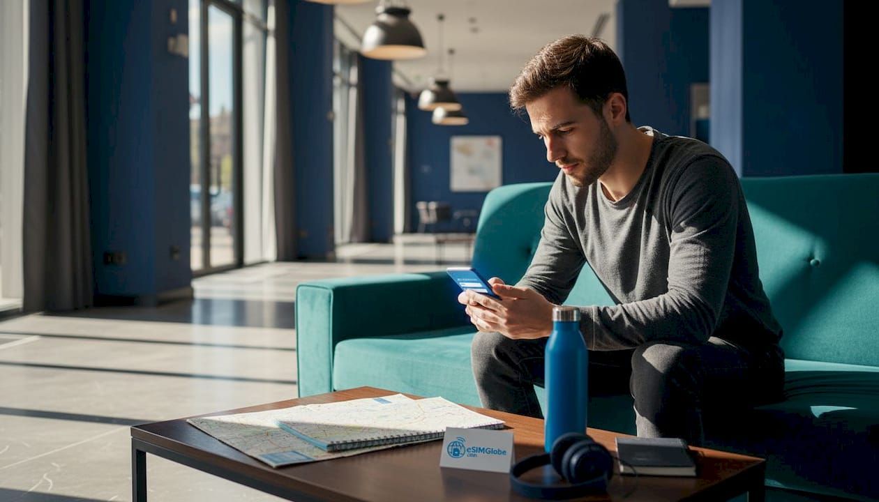 Reiziger die eSIM op telefoon instelt in hotel lobby