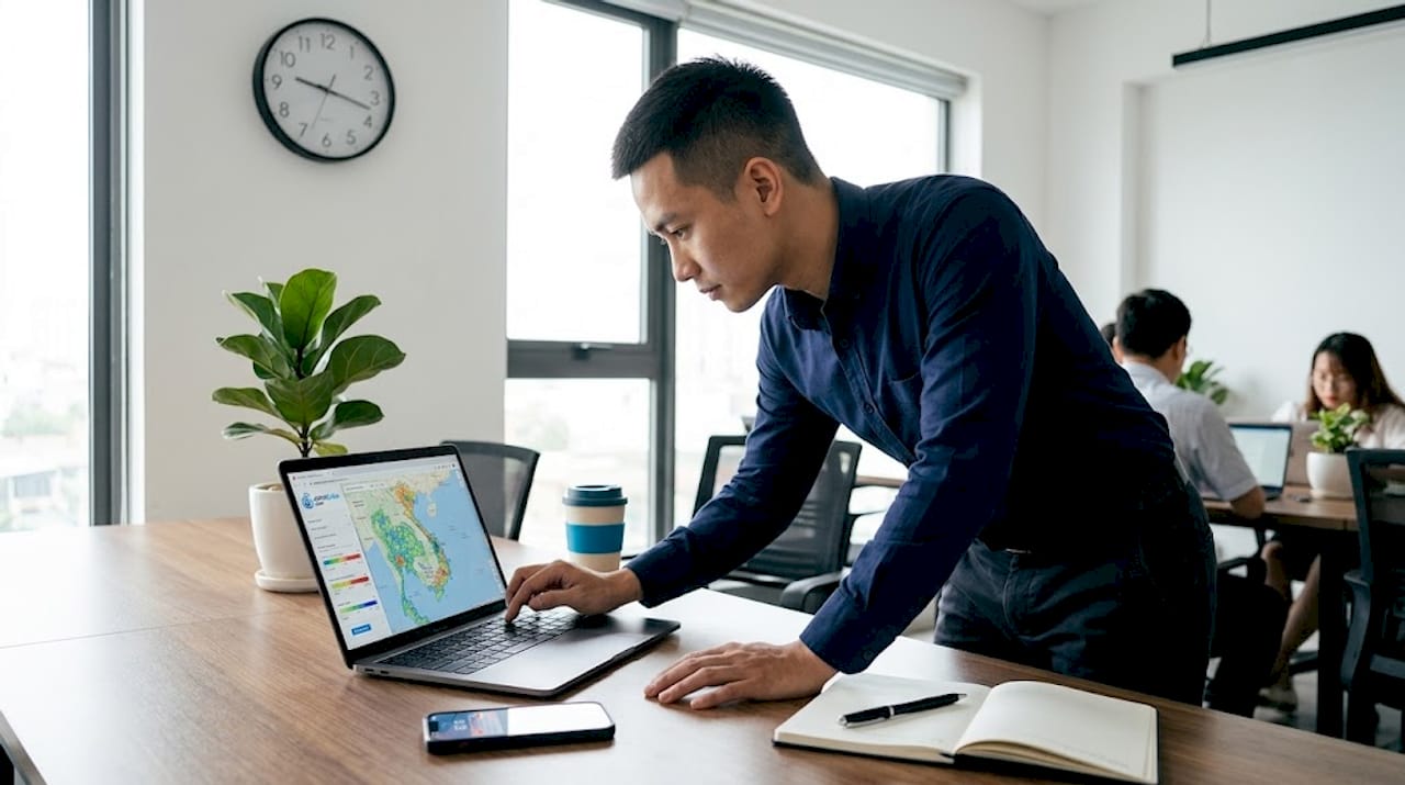 Office worker comparing Vietnam carrier coverage