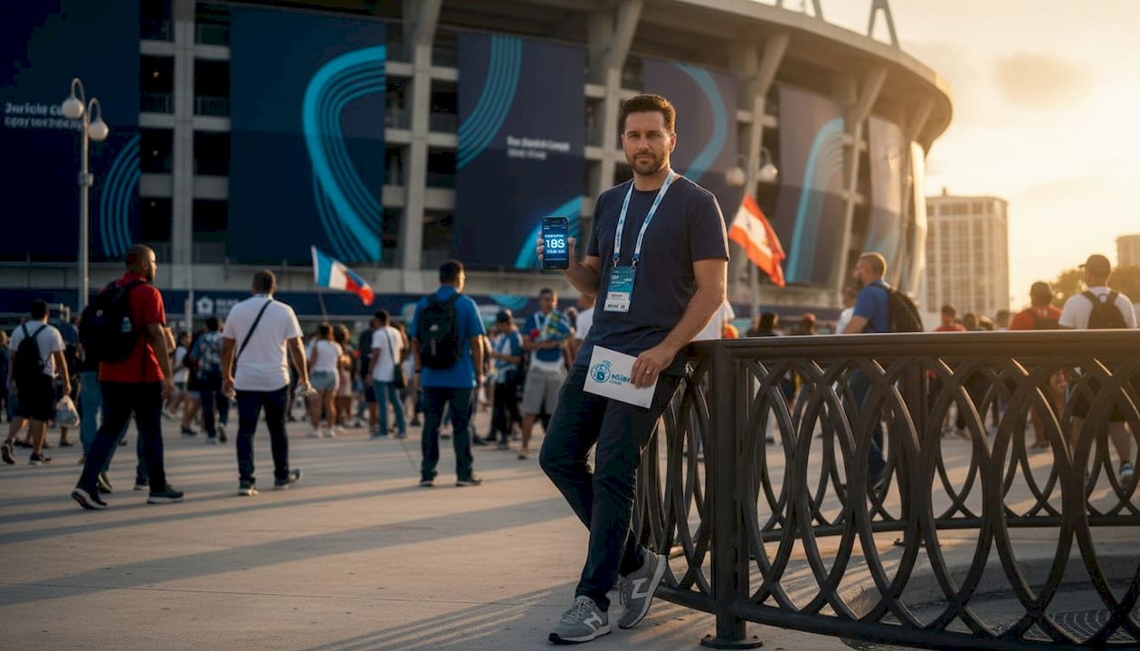 Fan checking phone speed near stadium entrance