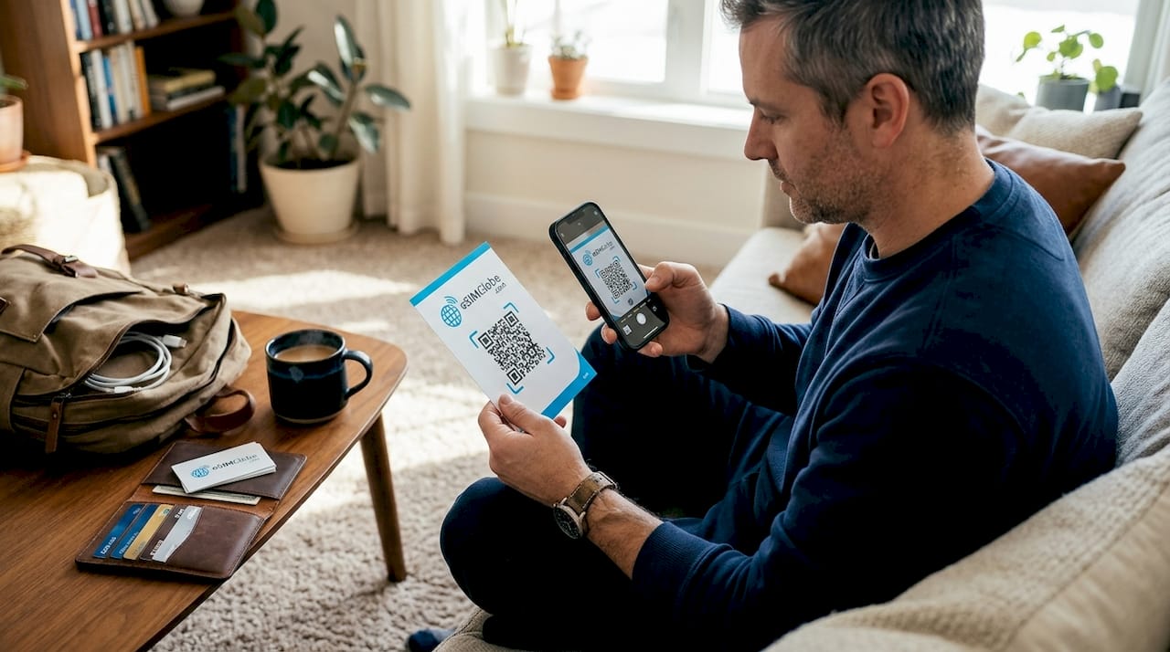 Man die eSIM activeert met QR-code aan de keukentafel