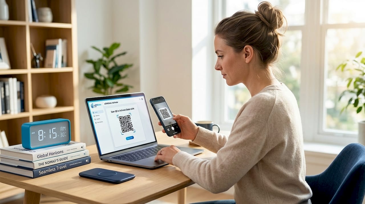 Person activates eSIM at kitchen table