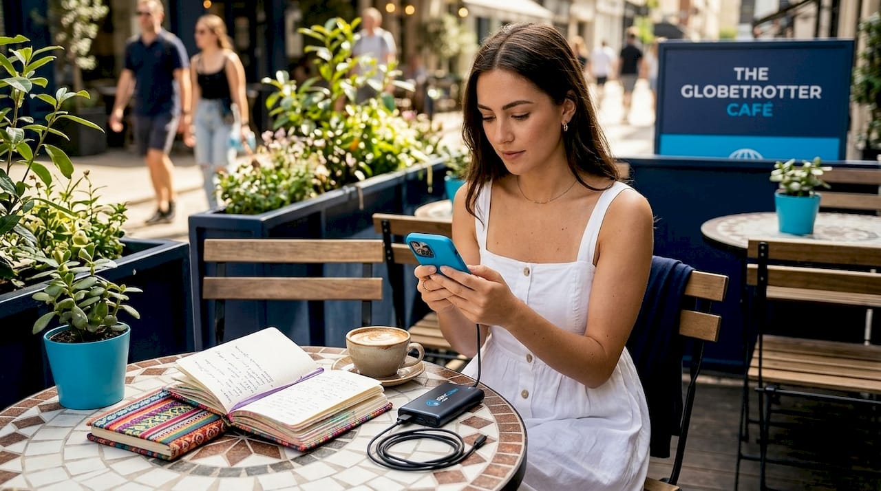 Woman compares eSIM apps at café table
