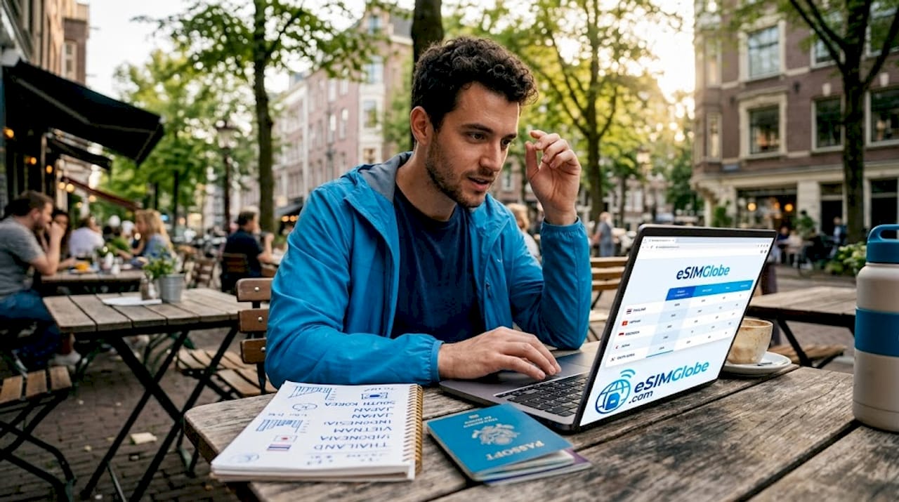 Traveler reviews regional eSIM plans at café