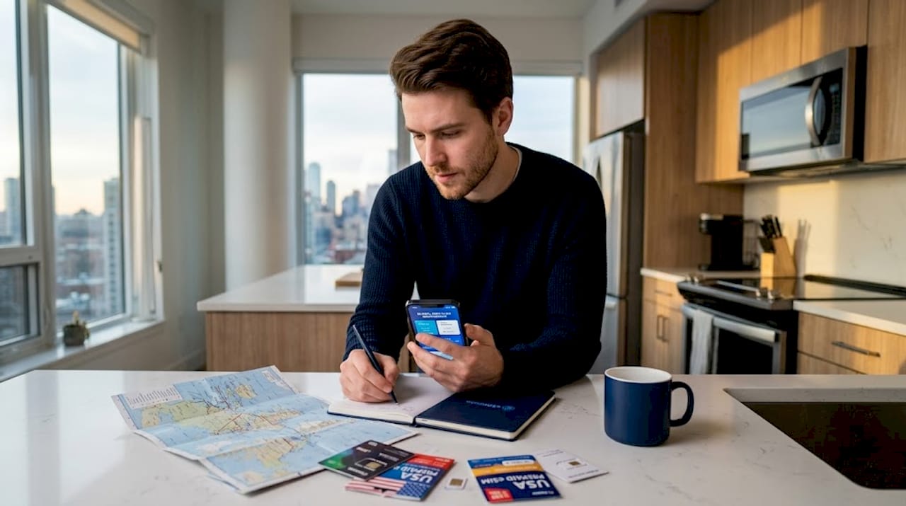 Man comparing SIM plans at kitchen island